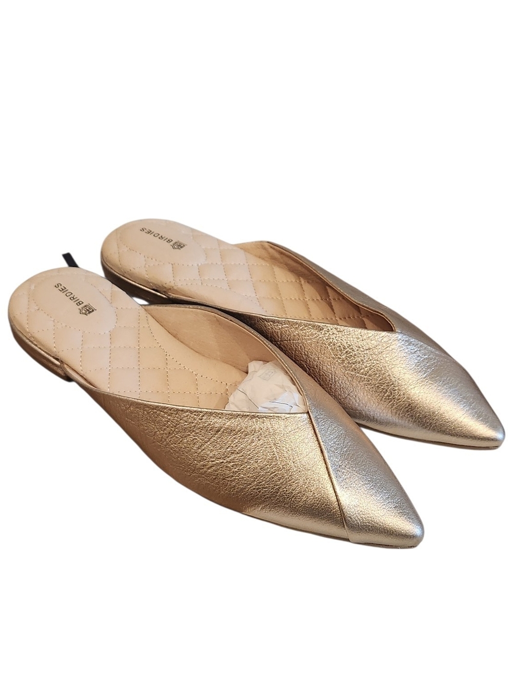 NIB Birdies The Swan Metallic Gold Leather Pointed Toe Slip On Slide Mules Sz 9